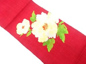 手織り紬　牡丹模様織り出し　名古屋帯